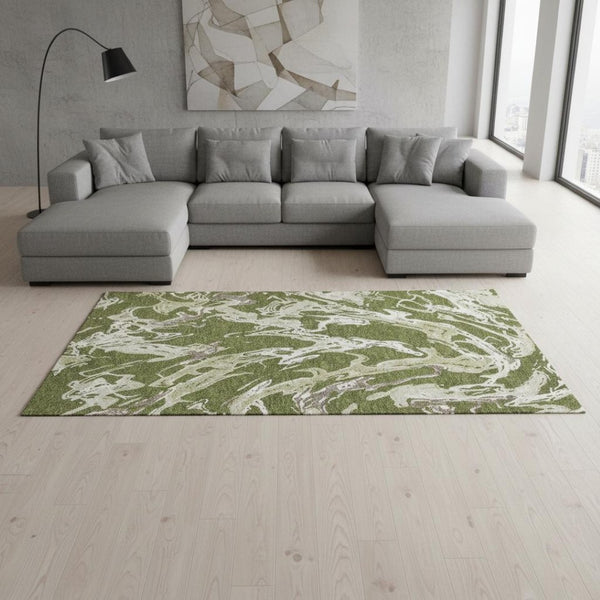 HomeRoots 8' X 10' Olive Green Abstract Washable Area Rug – Modern, UV-Protected, Easy-Care for Active Homes 681267