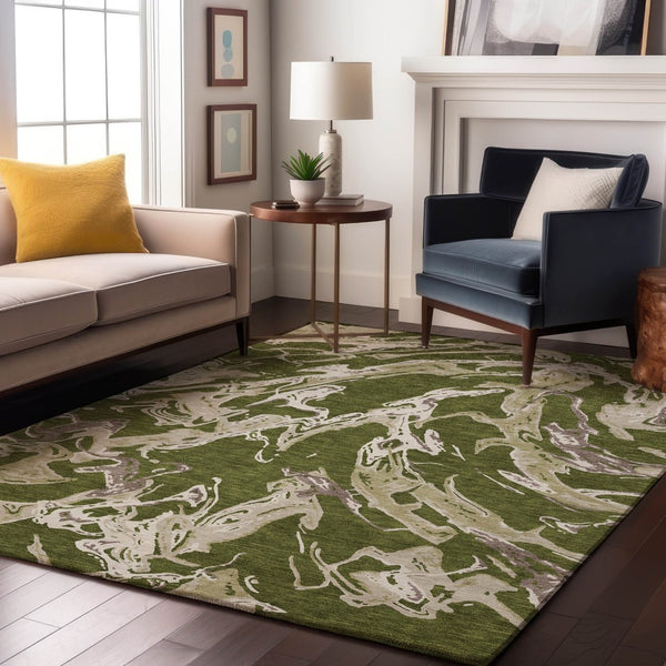 HomeRoots 9' Contemporary Abstract Area Rug in Olive Green, Ivory & Taupe – Washable, UV Protected & Durable! 681268