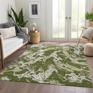 HomeRoots 9' Contemporary Abstract Area Rug in Olive Green, Ivory & Taupe – Washable, UV Protected & Durable! 681268