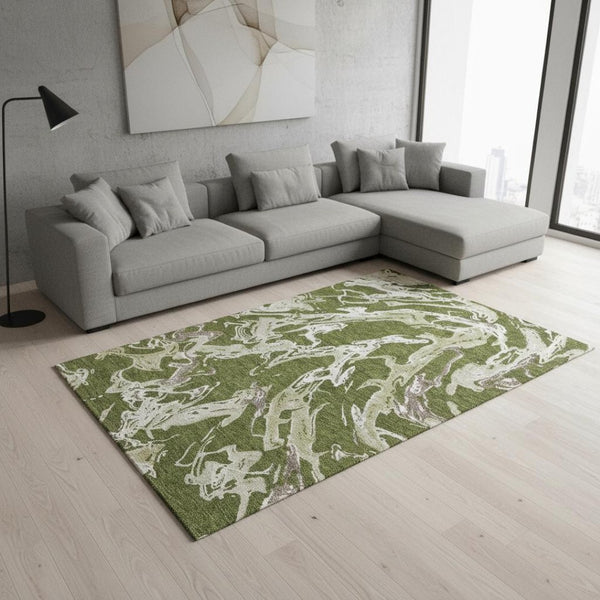 HomeRoots 10' Modern Olive Green Abstract Area Rug – Washable, UV Protected, Durable for Family Rooms & More 681269