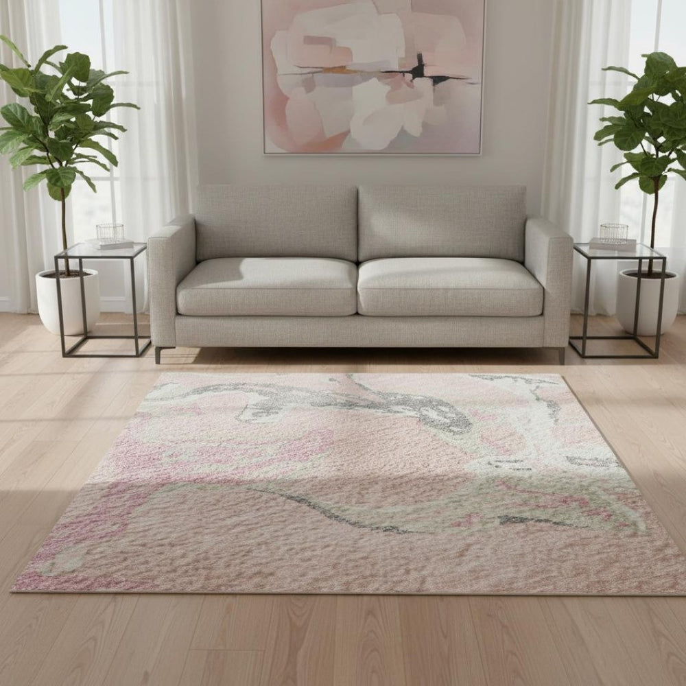 HomeRoots 5' X 8' Washable Pink Ivory Gray Abstract Area Rug with UV Protection - Perfect for High-Traffic Areas! 681271