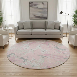 HomeRoots 8' Modern Pink Ivory & Gray Abstract Washable Round Rug - UV Protected, Kid & Pet Friendly Comfort 681272