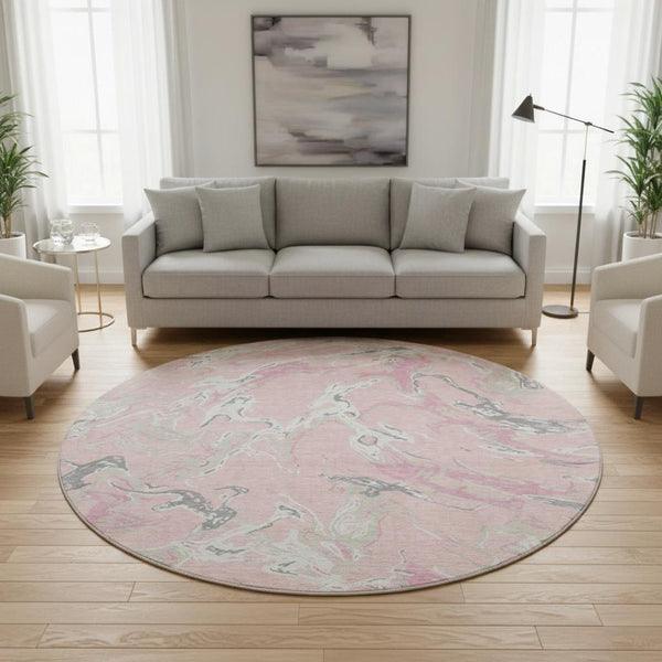 HomeRoots 8' Modern Pink Ivory & Gray Abstract Washable Round Rug - UV Protected, Kid & Pet Friendly Comfort 681272