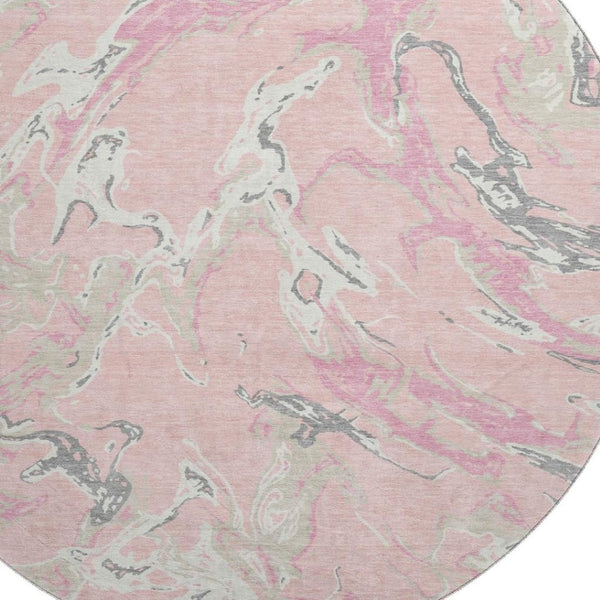 HomeRoots 8' Modern Pink Ivory & Gray Abstract Washable Round Rug - UV Protected, Kid & Pet Friendly Comfort 681272