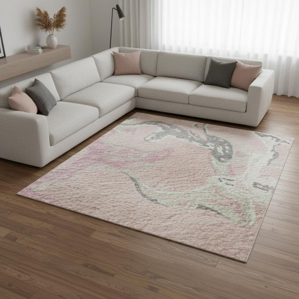 HomeRoots 8' X 10' Pink Ivory Gray Abstract Washable Area Rug - UV Protected, Durable, Stain Resistant Design 681273