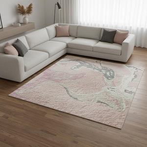 HomeRoots 8' X 10' Pink Ivory Gray Abstract Washable Area Rug - UV Protected, Durable, Stain Resistant Design 681273