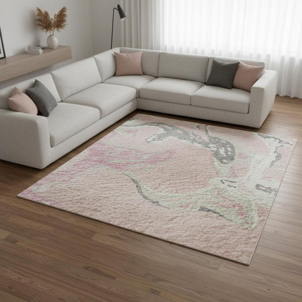 HomeRoots 8' X 10' Pink Ivory Gray Abstract Washable Area Rug - UV Protected, Durable, Stain Resistant Design 681273