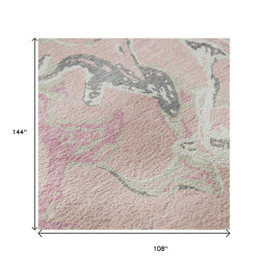 HomeRoots 9' Pink Ivory and Gray Abstract Washable Area Rug - Stain-Resistant, UV-Protected, Non-Slip Design 681274