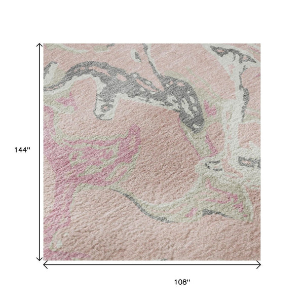 HomeRoots 9' Pink Ivory and Gray Abstract Washable Area Rug - Stain-Resistant, UV-Protected, Non-Slip Design 681274