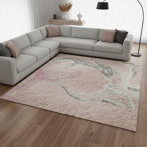HomeRoots 9' Pink Ivory and Gray Abstract Washable Area Rug - Stain-Resistant, UV-Protected, Non-Slip Design 681274