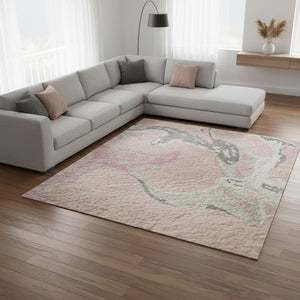 HomeRoots 10' X 14' Pink Ivory and Gray Abstract Washable Area Rug - Stylish, Durable, UV-Protected & Low-Maintenance 681275