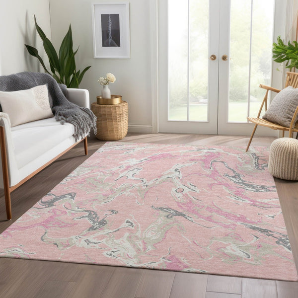 HomeRoots 10' X 14' Pink Ivory and Gray Abstract Washable Area Rug - Stylish, Durable, UV-Protected & Low-Maintenance 681275