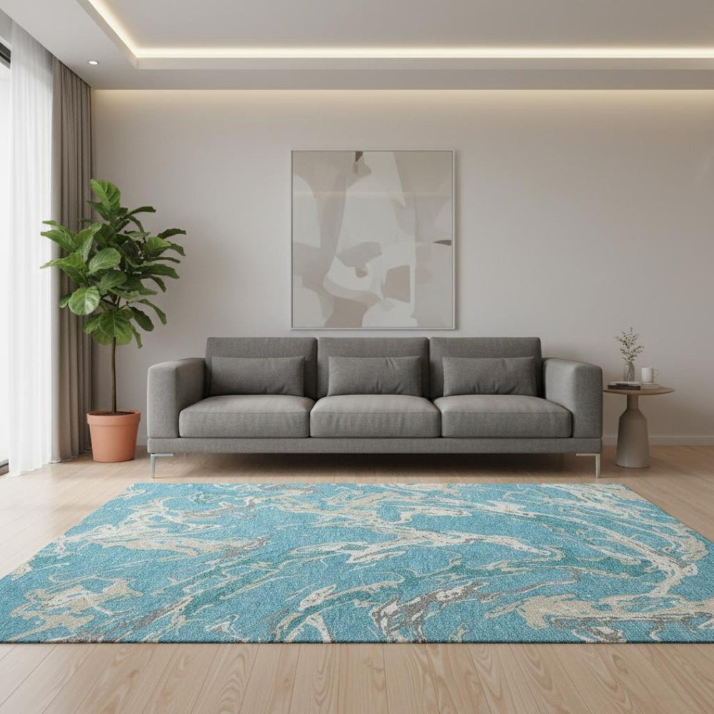 HomeRoots 5' X 8' Teal Ivory Gray Abstract Washable Area Rug - Durable, Stain-Resistant, UV Protected Design 681277