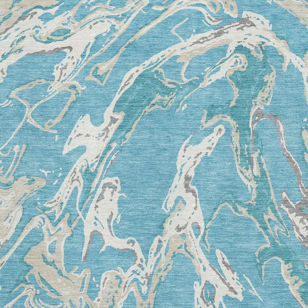 HomeRoots 5' X 8' Teal Ivory Gray Abstract Washable Area Rug - Durable, Stain-Resistant, UV Protected Design 681277