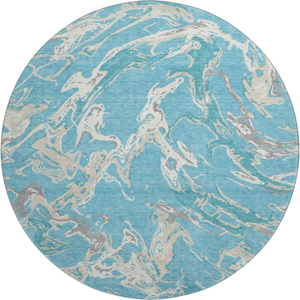 HomeRoots 8' Teal Ivory and Gray Abstract Washable Round Rug - Stylish, Durable, UV-Protected for High-Traffic Areas 681278