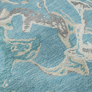 HomeRoots 8' Teal Ivory and Gray Abstract Washable Round Rug - Stylish, Durable, UV-Protected for High-Traffic Areas 681278