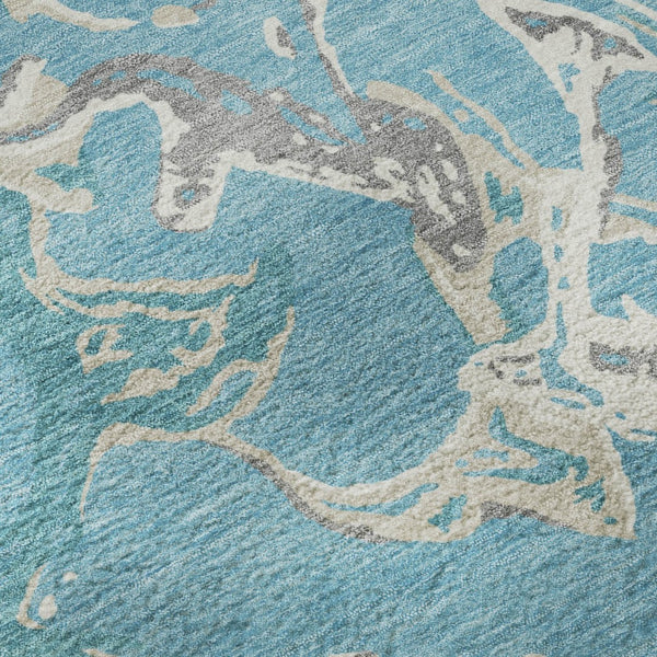 HomeRoots 8' Teal Ivory and Gray Abstract Washable Round Rug - Stylish, Durable, UV-Protected for High-Traffic Areas 681278