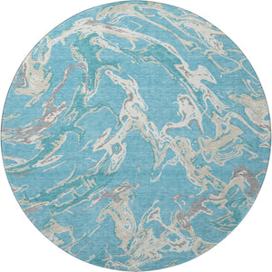 HomeRoots 8' Teal Ivory and Gray Abstract Washable Round Rug - Stylish, Durable, UV-Protected for High-Traffic Areas 681278