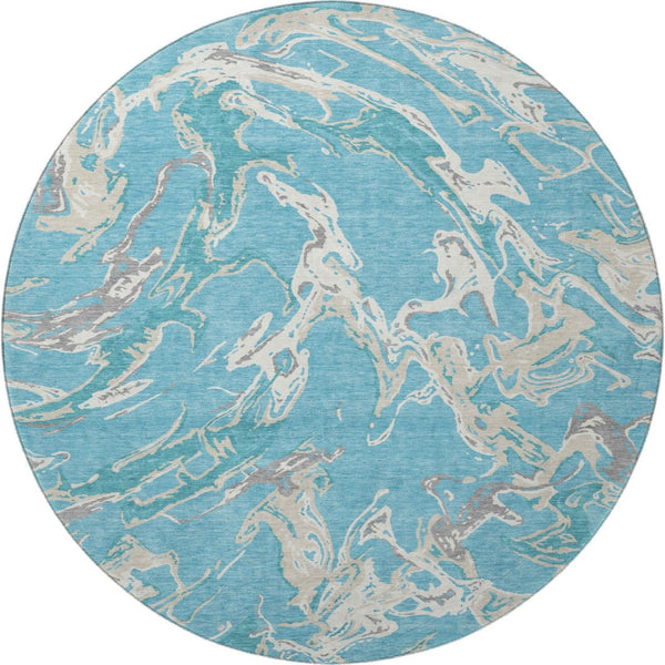 HomeRoots 8' Teal Ivory and Gray Abstract Washable Round Rug - Stylish, Durable, UV-Protected for High-Traffic Areas 681278