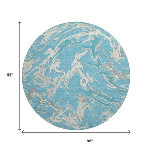 HomeRoots 8' Teal Ivory and Gray Abstract Washable Round Rug - Stylish, Durable, UV-Protected for High-Traffic Areas 681278