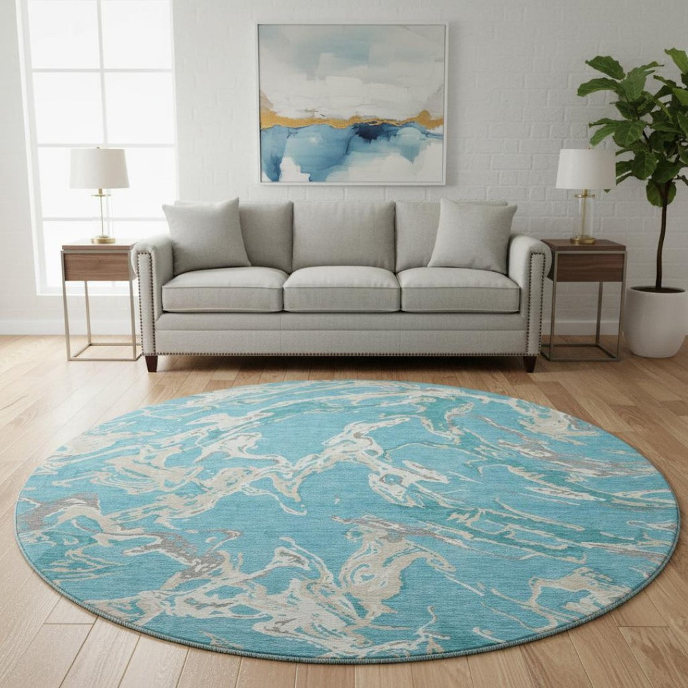 HomeRoots 8' Teal Ivory and Gray Abstract Washable Round Rug - Stylish, Durable, UV-Protected for High-Traffic Areas 681278