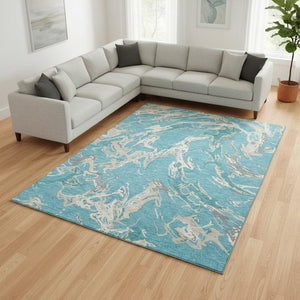 HomeRoots 8' X 10' Modern Teal Ivory Gray Abstract Washable Area Rug with UV Protection for High-Traffic Spaces 681279