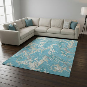 HomeRoots 9' X 12' Stylish Teal Ivory Gray Abstract Washable Area Rug with UV Protection for High-Traffic Areas 681280