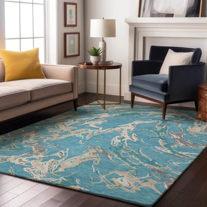 HomeRoots 9' X 12' Stylish Teal Ivory Gray Abstract Washable Area Rug with UV Protection for High-Traffic Areas 681280