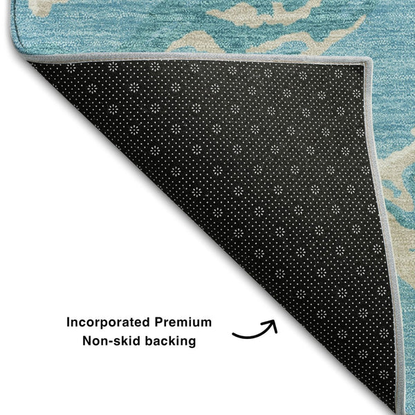 HomeRoots 9' X 12' Stylish Teal Ivory Gray Abstract Washable Area Rug with UV Protection for High-Traffic Areas 681280