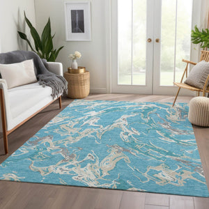 HomeRoots 9' X 12' Stylish Teal Ivory Gray Abstract Washable Area Rug with UV Protection for High-Traffic Areas 681280