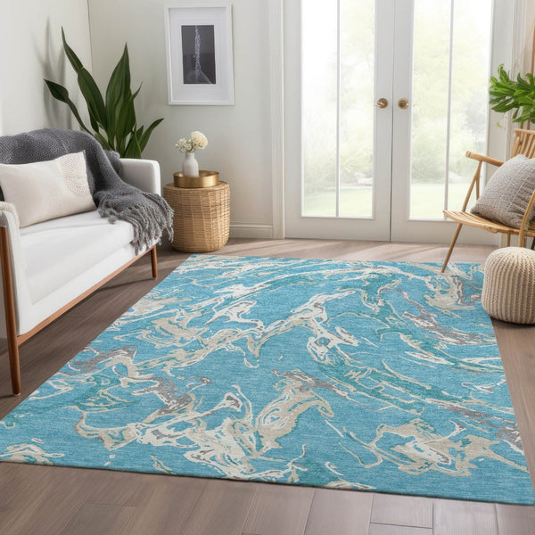 HomeRoots 9' X 12' Stylish Teal Ivory Gray Abstract Washable Area Rug with UV Protection for High-Traffic Areas 681280