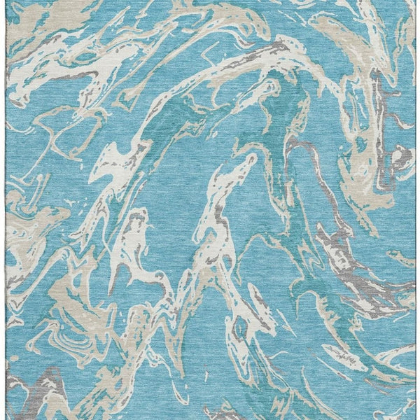 HomeRoots 9' X 12' Stylish Teal Ivory Gray Abstract Washable Area Rug with UV Protection for High-Traffic Areas 681280