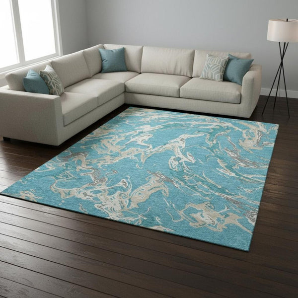 HomeRoots 10' Teal, Ivory & Gray Abstract Washable Area Rug – Durable, UV-Protected Design for Busy Homes! 681281