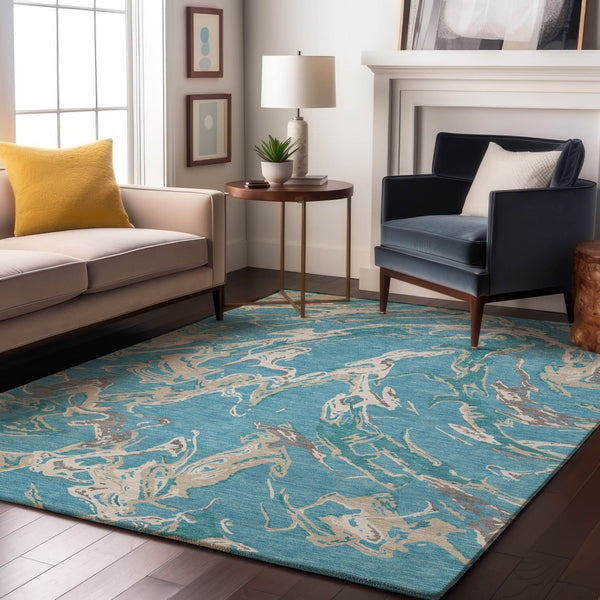 HomeRoots 10' Teal, Ivory & Gray Abstract Washable Area Rug – Durable, UV-Protected Design for Busy Homes! 681281