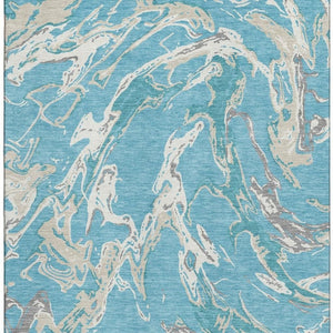 HomeRoots 10' Teal, Ivory & Gray Abstract Washable Area Rug – Durable, UV-Protected Design for Busy Homes! 681281