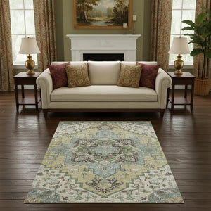 HomeRoots 5' X 8' Beige Sage and Ivory Washable Area Rug - Elegant, Durable, UV-Protected for Homes with Kids & Pets 681283