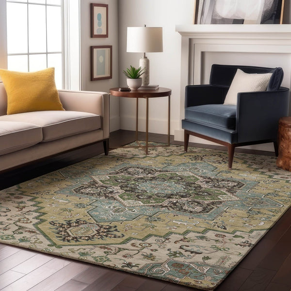 HomeRoots 5' X 8' Beige Sage and Ivory Washable Area Rug - Elegant, Durable, UV-Protected for Homes with Kids & Pets 681283
