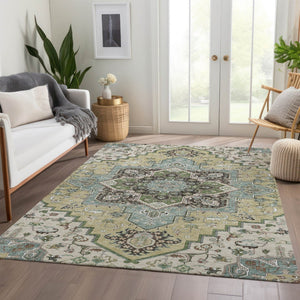 HomeRoots 5' X 8' Beige Sage and Ivory Washable Area Rug - Elegant, Durable, UV-Protected for Homes with Kids & Pets 681283