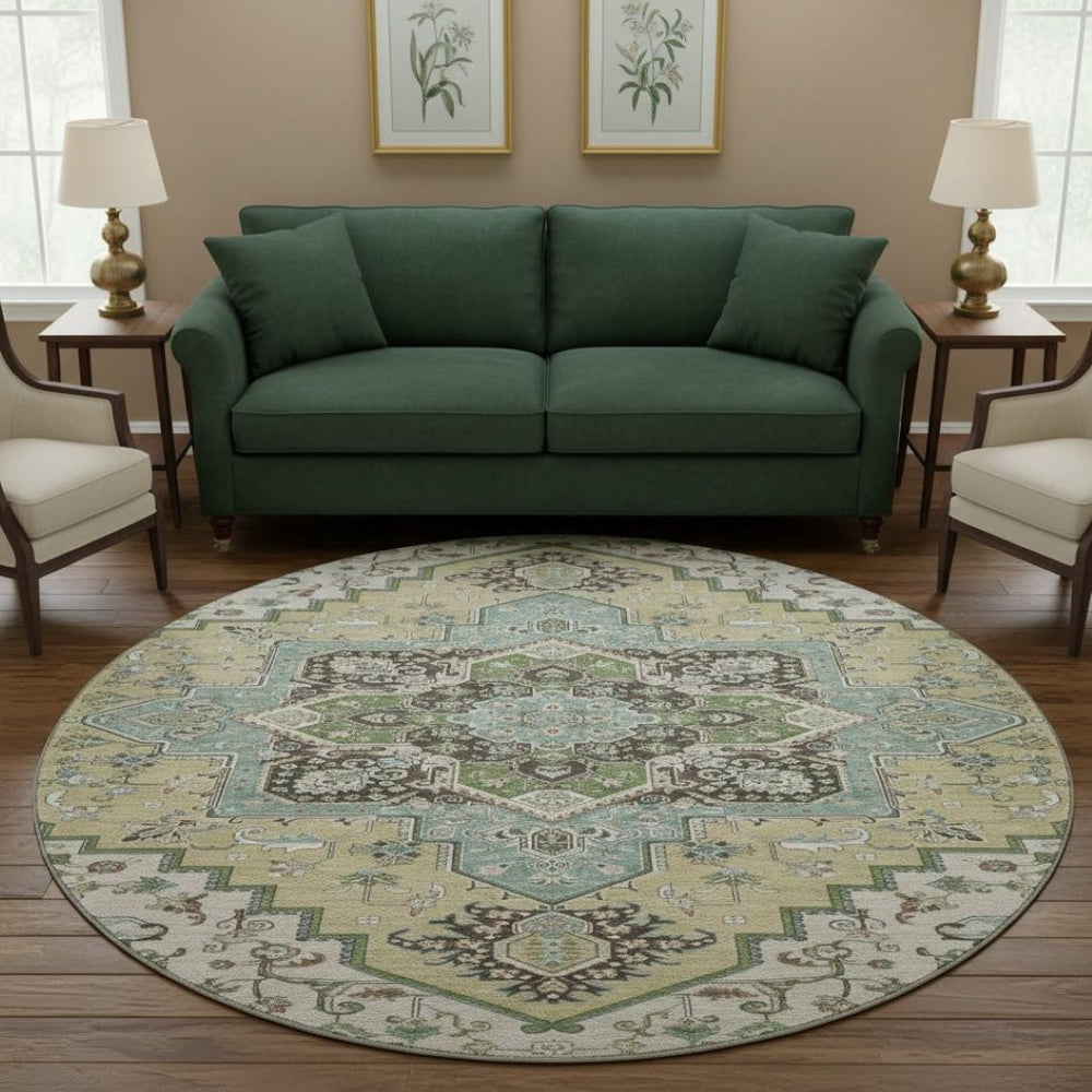 HomeRoots 8' Beige Sage and Ivory Round Rug - Washable, UV Protected, Durable Oriental Design for Busy Homes 681284