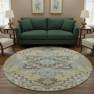 HomeRoots 8' Beige Sage and Ivory Round Rug - Washable, UV Protected, Durable Oriental Design for Busy Homes 681284