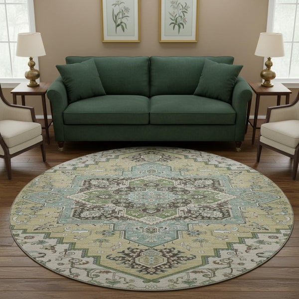 HomeRoots 8' Beige Sage and Ivory Round Rug - Washable, UV Protected, Durable Oriental Design for Busy Homes 681284