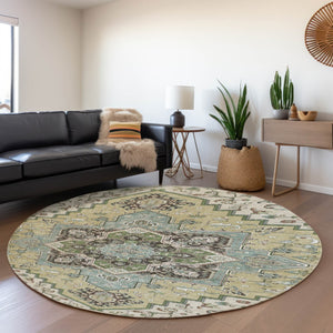 HomeRoots 8' Beige Sage and Ivory Round Rug - Washable, UV Protected, Durable Oriental Design for Busy Homes 681284