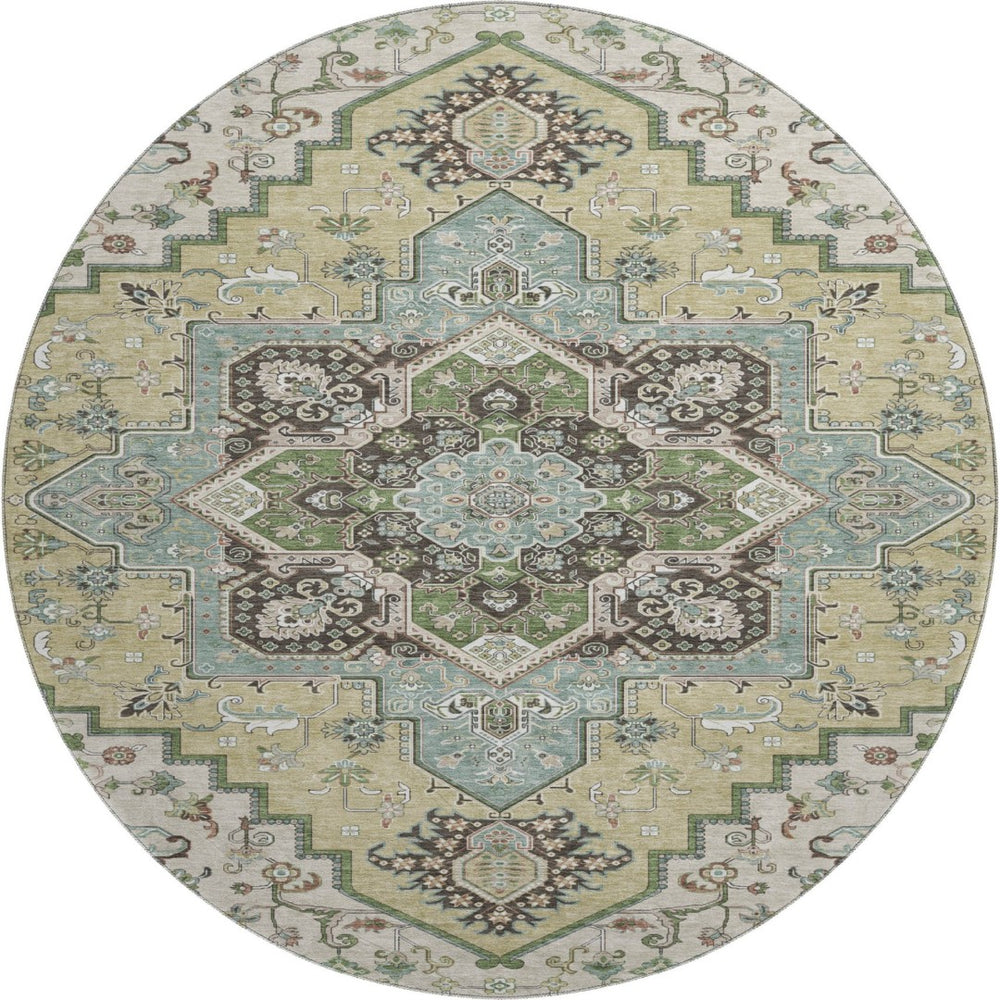 HomeRoots 8' Beige Sage and Ivory Round Rug - Washable, UV Protected, Durable Oriental Design for Busy Homes 681284