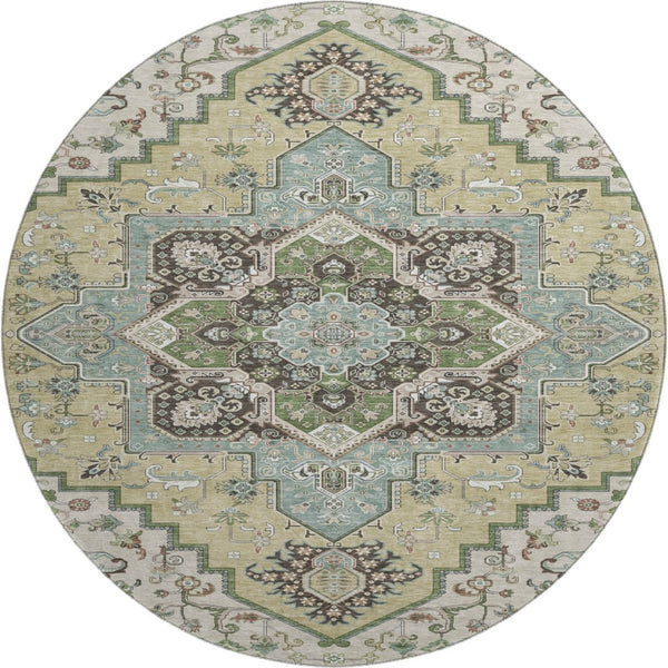 HomeRoots 8' Beige Sage and Ivory Round Rug - Washable, UV Protected, Durable Oriental Design for Busy Homes 681284