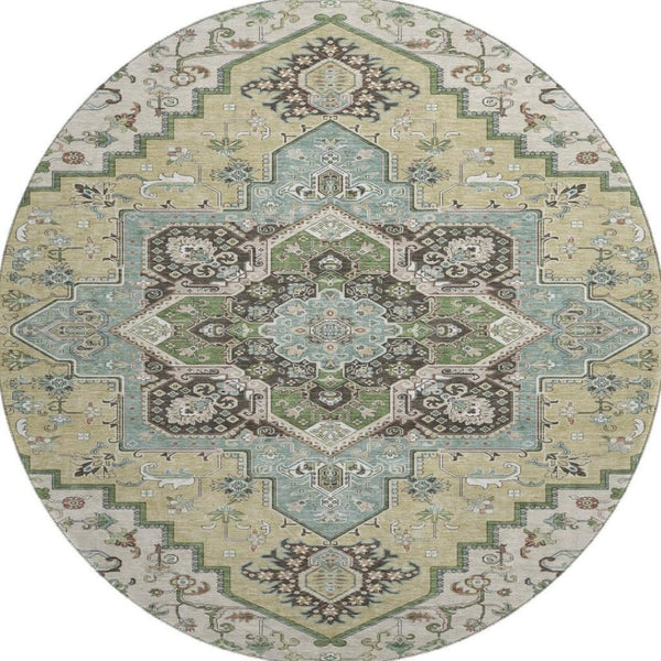HomeRoots 8' Beige Sage and Ivory Round Rug - Washable, UV Protected, Durable Oriental Design for Busy Homes 681284