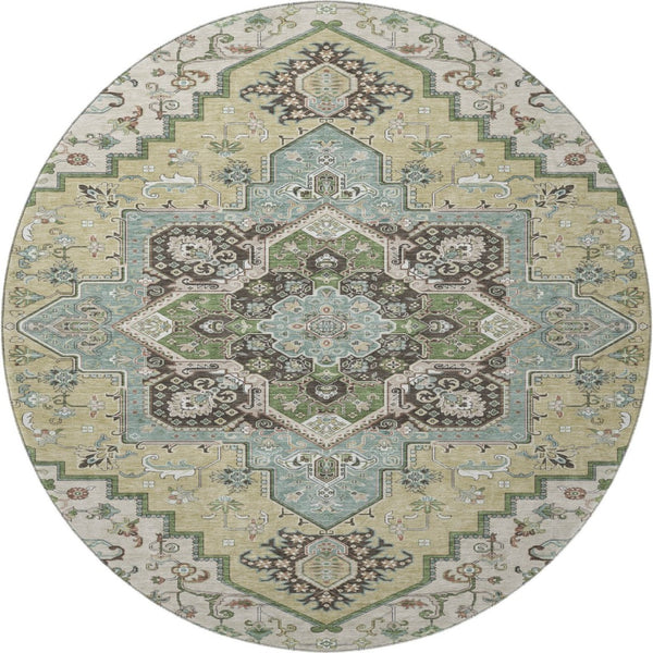 HomeRoots 8' Beige Sage and Ivory Round Rug - Washable, UV Protected, Durable Oriental Design for Busy Homes 681284