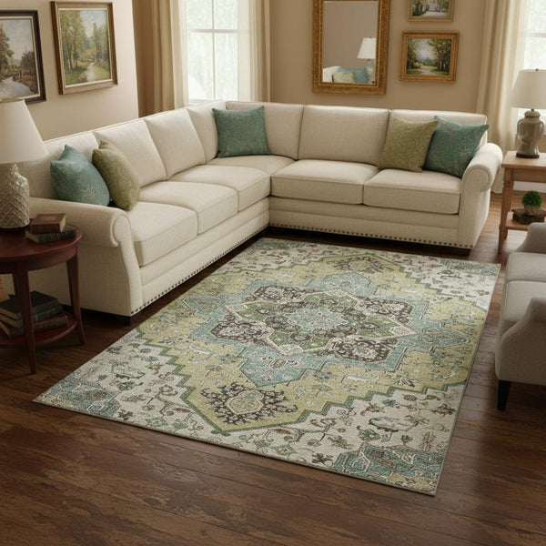 HomeRoots 8' X 10' Elegant Beige and Sage Oriental Area Rug - Washable, UV Protected, Pet-Friendly Design 681285