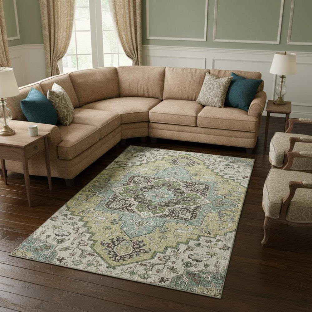 HomeRoots 9' X 12' Elegant Beige Sage Ivory Oriental Area Rug - Washable, Durable, UV Protected for Homes 681286