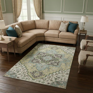 HomeRoots 9' X 12' Elegant Beige Sage Ivory Oriental Area Rug - Washable, Durable, UV Protected for Homes 681286