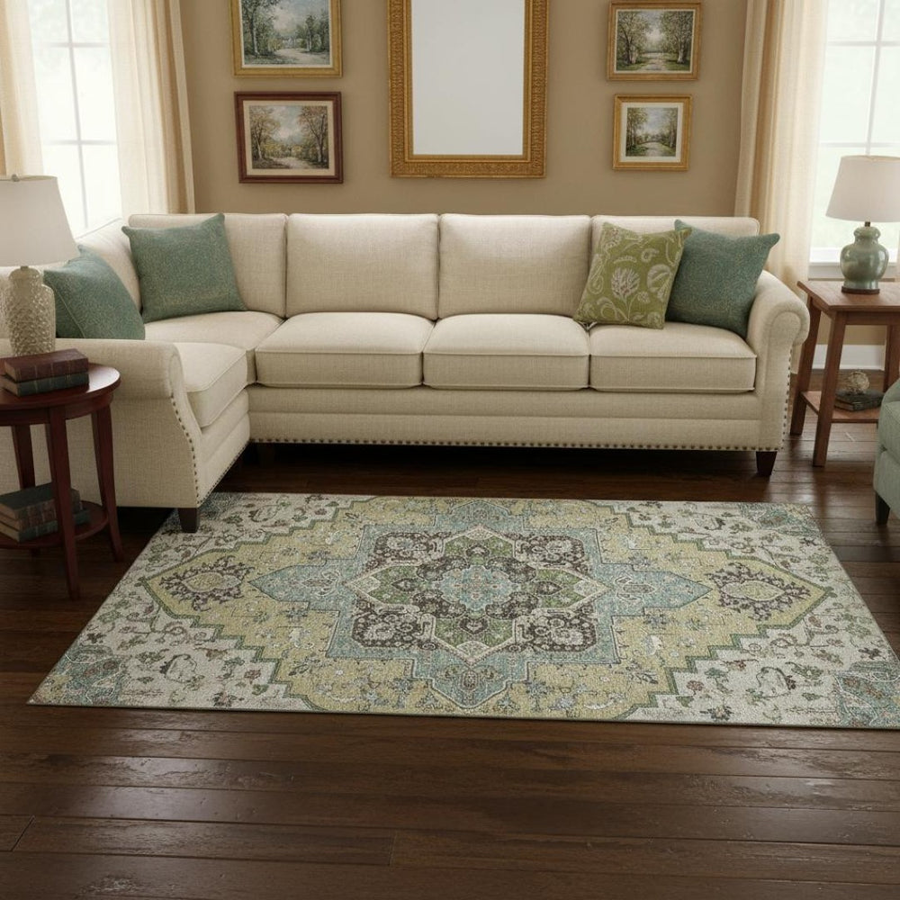 HomeRoots 10' Beige Sage & Ivory Oriental Washable Area Rug - Durable, UV-Protected, Perfect for Busy Homes! 681287